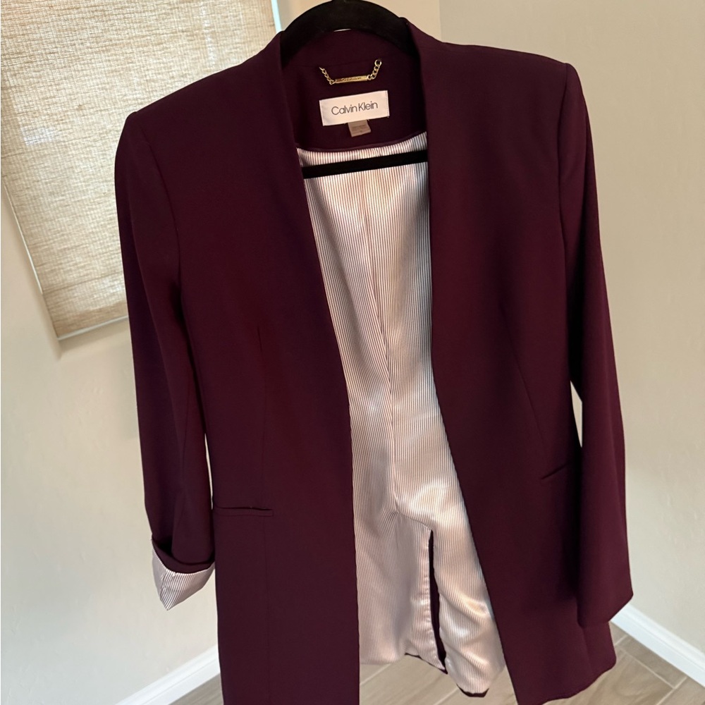 Calvin Klein Women's Deep Purple Long Blazer with Roll Up Sleeves